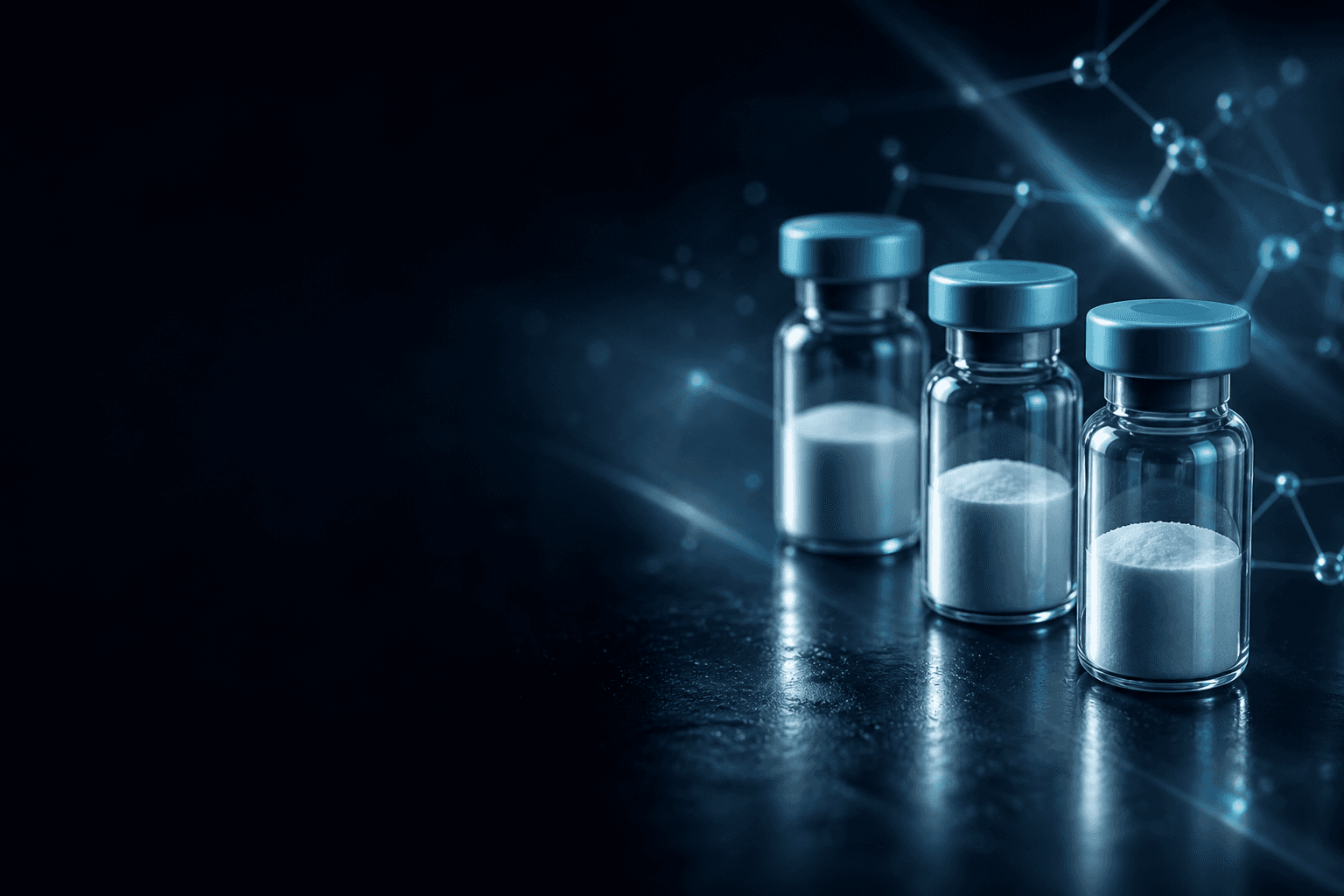 Three clear peptide vials on a dark laboratory surface